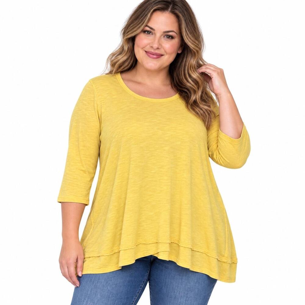 Soft Surroundings Tunic Blouse Womens 1X Yellow Scoop Neck 3/4 Sleeve Knit Top